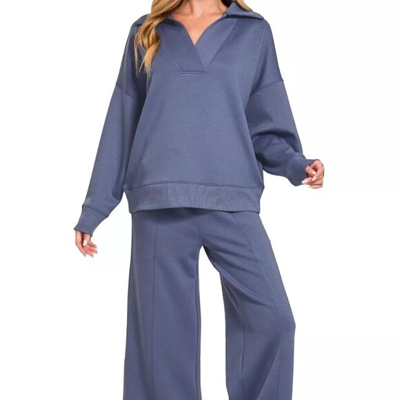 Zenana Scuba Collared Pullover and Pants Set - Picture 1 of 16
